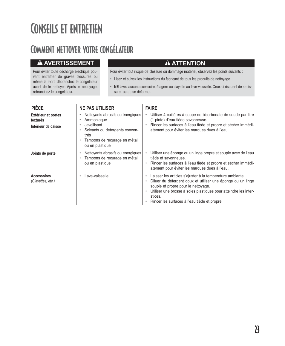 Conseils et entretien, Comment nettoyer votre congélateur | Amana Deepfreeze Upright Freezers User Manual | Page 23 / 48