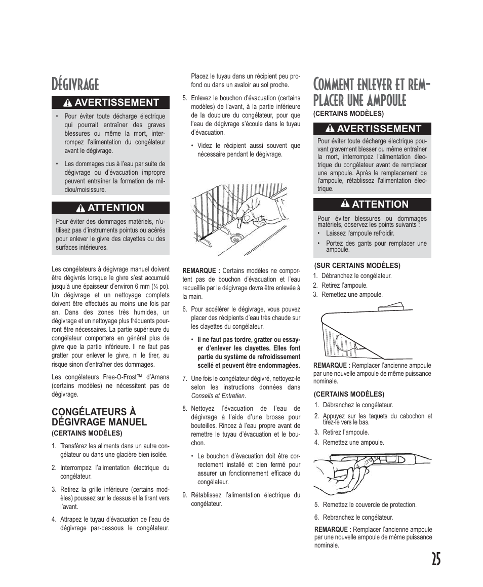 Comment enlever et rem- placer une ampoule, Dégivrage, Attention | Avertissement, Congélateurs à dégivrage manuel | Amana Deepfreeze Upright Freezers User Manual | Page 25 / 48