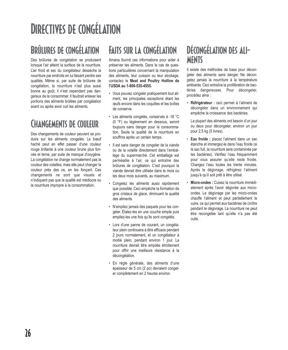 Directives de congélation, Brûlures de congélation, Changements de couleur | Faits sur la congélation, Décongélation des ali- ments | Amana Deepfreeze Upright Freezers User Manual | Page 26 / 48