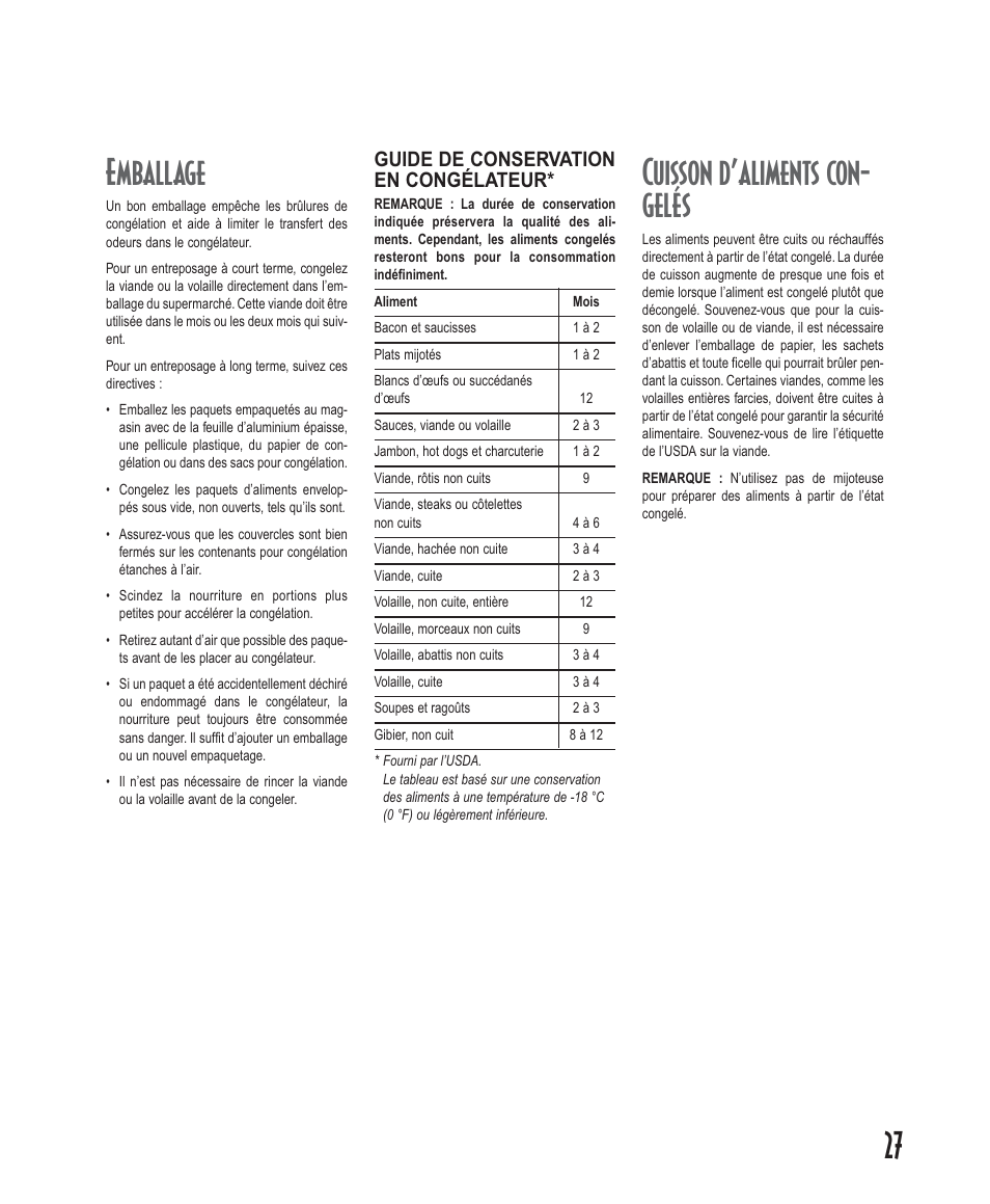 27 emballage, Cuisson d’aliments con- gelés, Guide de conservation en congélateur | Amana Deepfreeze Upright Freezers User Manual | Page 27 / 48