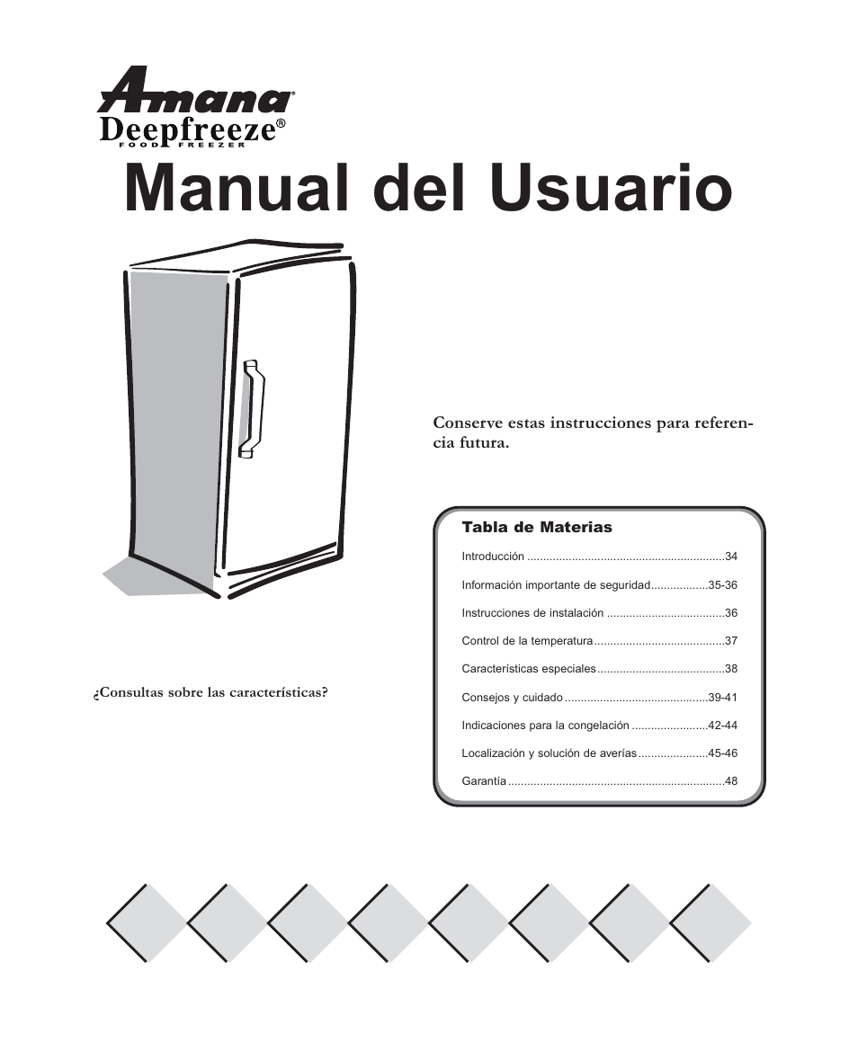 Manual del usuario, Congeladores verticales deepfreeze | Amana Deepfreeze Upright Freezers User Manual | Page 33 / 48