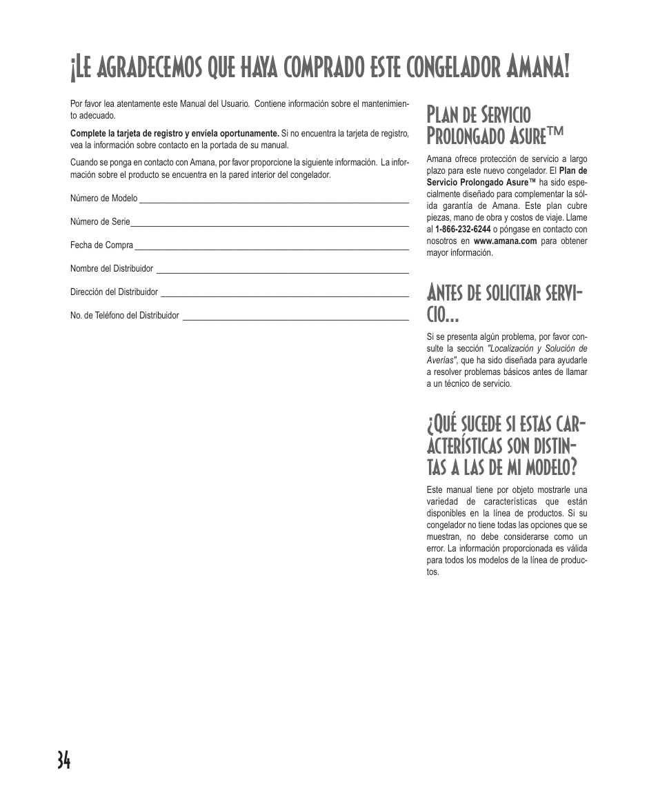 Plan de servicio prolongado asure, Antes de solicitar servi- cio | Amana Deepfreeze Upright Freezers User Manual | Page 34 / 48