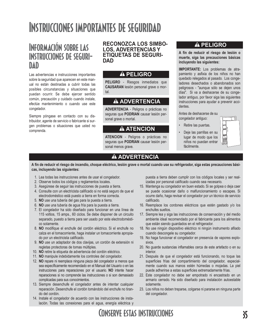 Instrucciones importantes de seguridad, Información sobre las instrucciones de seguri- dad, Conserve estas instrucciones | Amana Deepfreeze Upright Freezers User Manual | Page 35 / 48