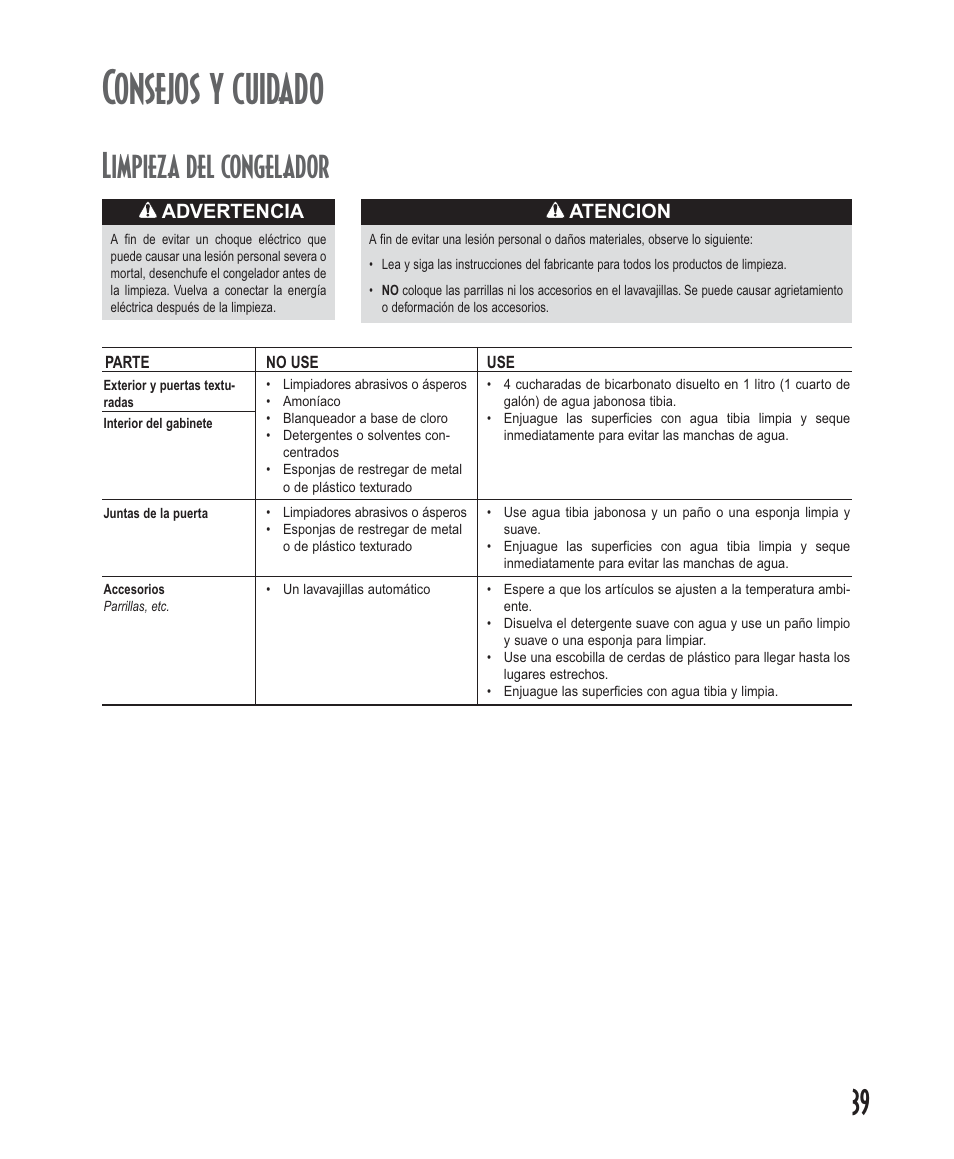 Consejos y cuidado, Limpieza del congelador | Amana Deepfreeze Upright Freezers User Manual | Page 39 / 48