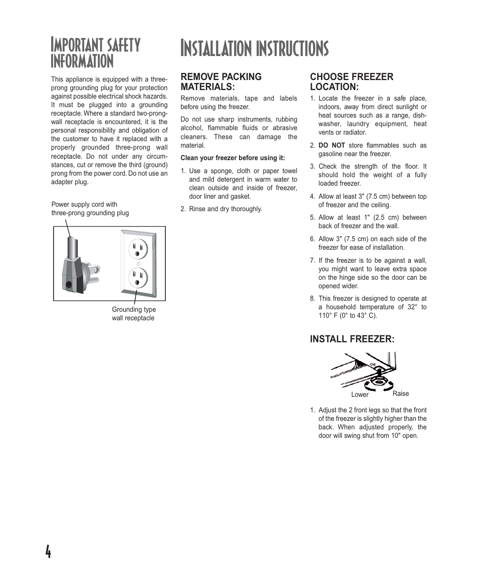 Installation instructions, Important safety information | Amana Deepfreeze Upright Freezers User Manual | Page 4 / 48