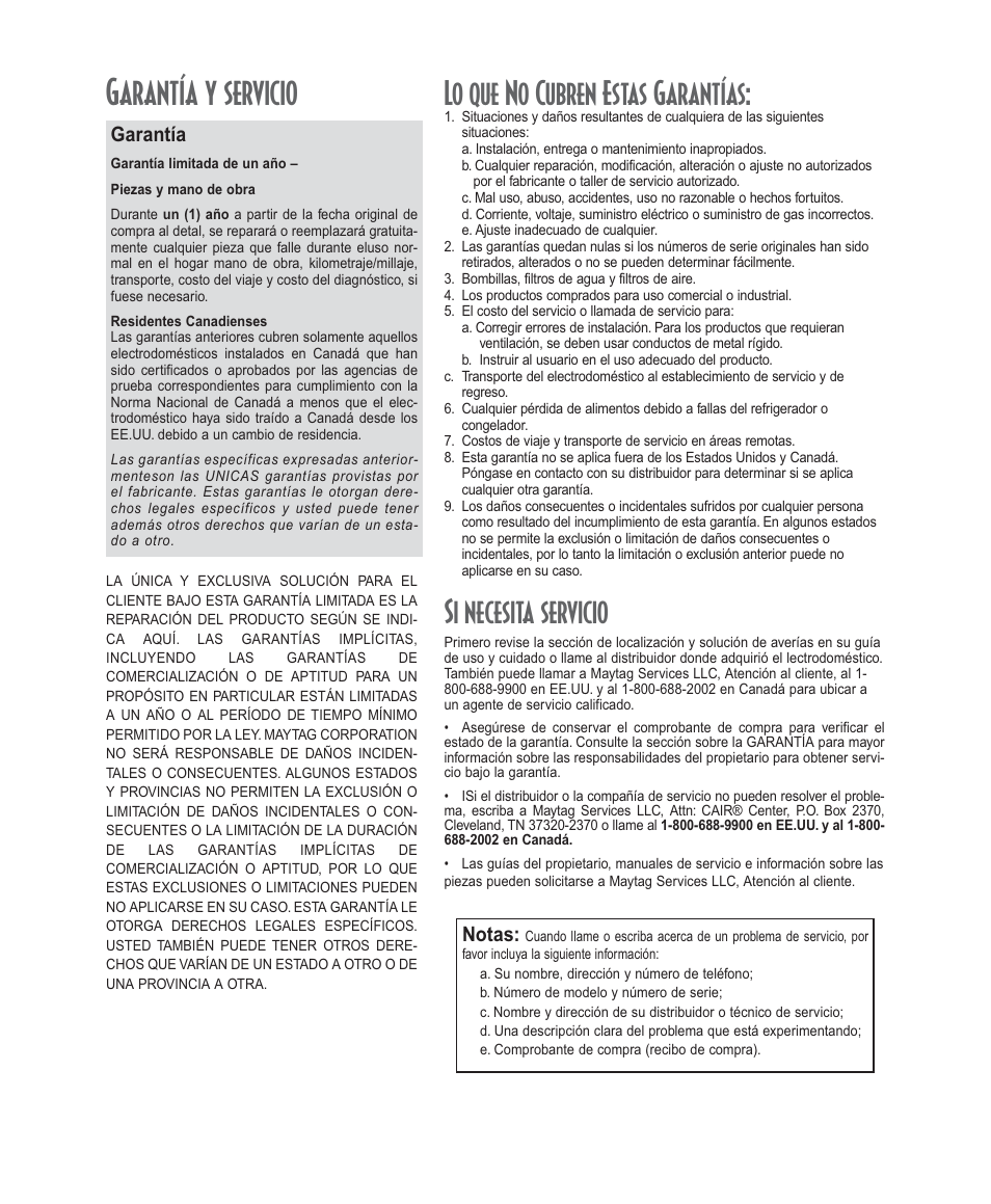 Garantía y servicio, Lo que no cubren estas garantías, Si necesita servicio | Amana Deepfreeze Upright Freezers User Manual | Page 48 / 48