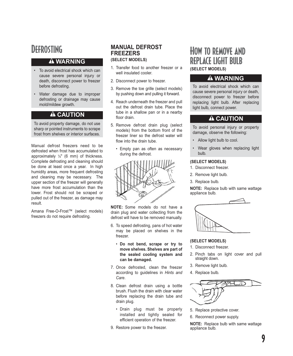 How to remove and replace light bulb, Defrosting, Caution | Warning, Manual defrost freezers | Amana Deepfreeze Upright Freezers User Manual | Page 9 / 48