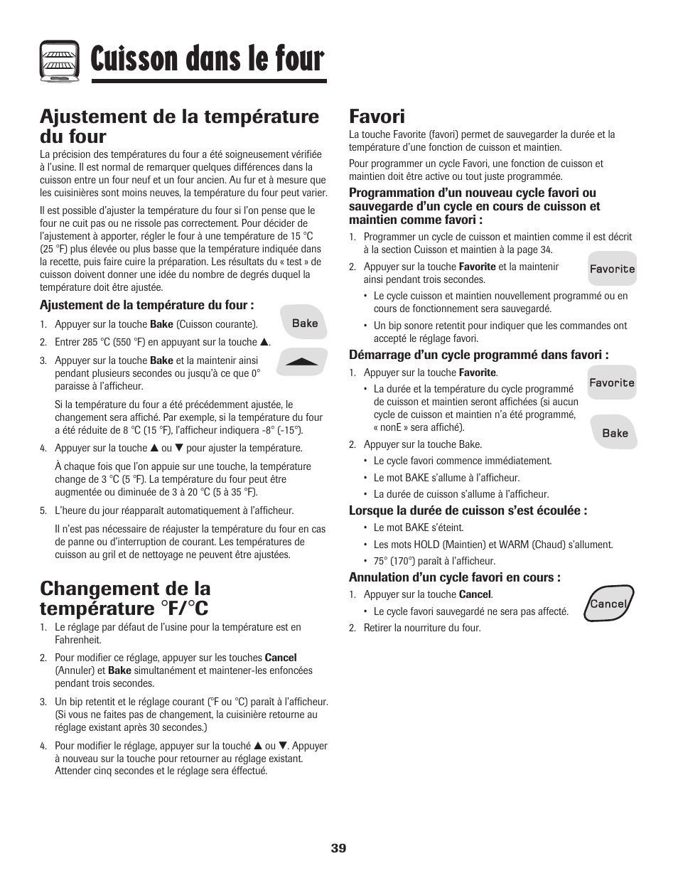 Cuisson dans le four, Favori, Ajustement de la température du four | Changement de la température | Amana 700 User Manual | Page 40 / 76