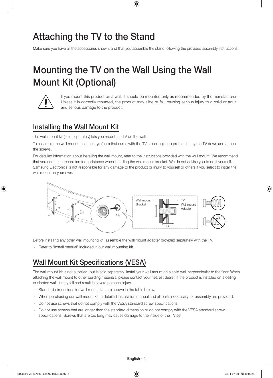 Attaching the tv to the stand, Installing the wall mount kit, Wall mount kit specifications (vesa) | Samsung UE55HU8200Z User Manual | Page 4 / 73