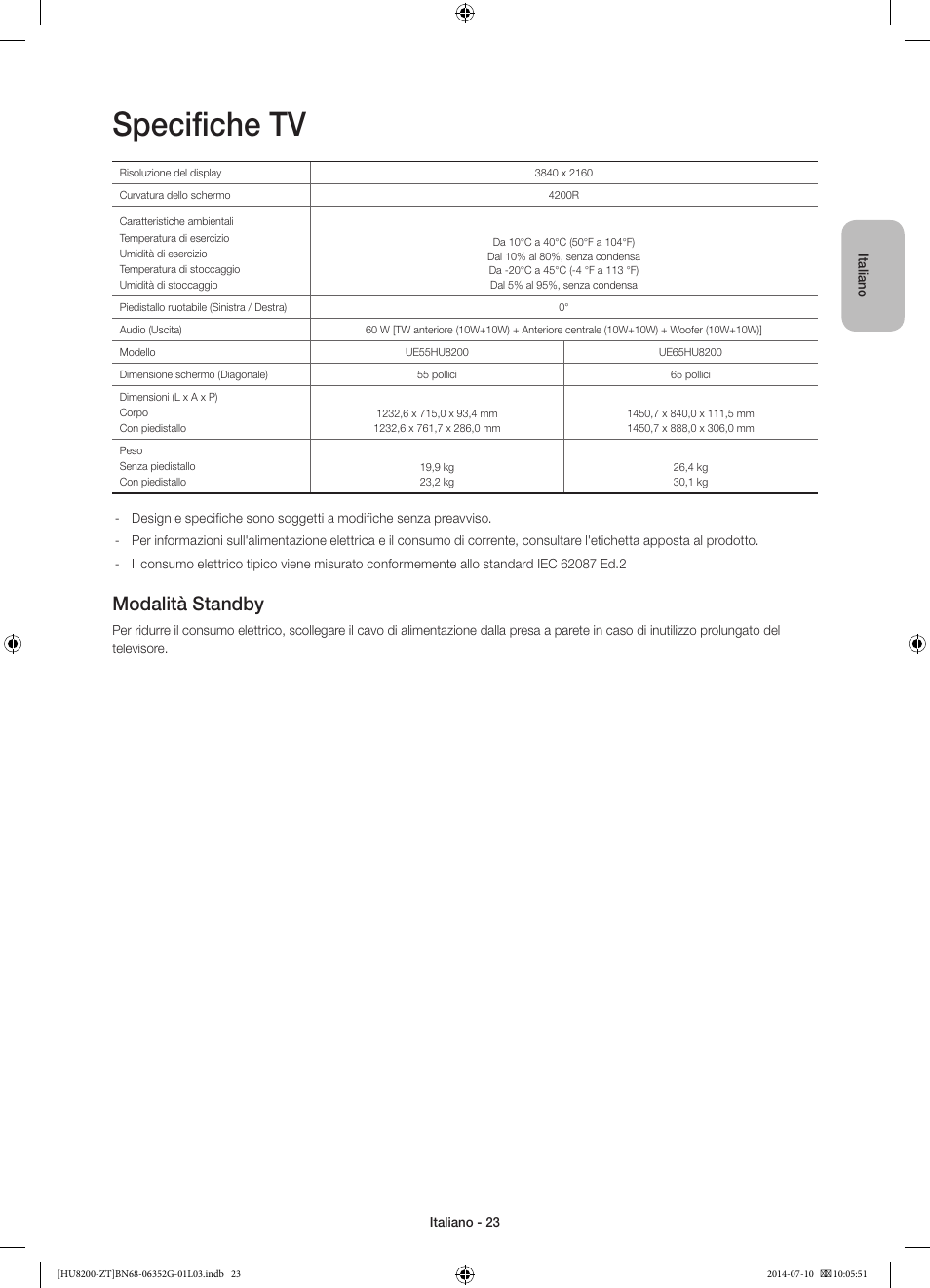 Specifiche tv, Modalità standby | Samsung UE55HU8200Z User Manual | Page 47 / 73
