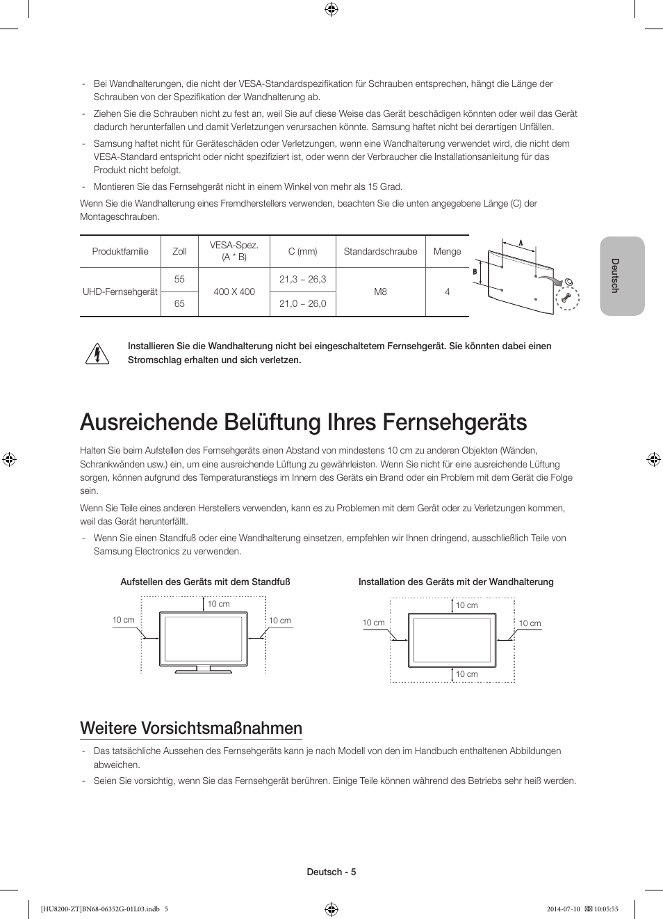 Ausreichende belüftung ihres fernsehgeräts, Weitere vorsichtsmaßnahmen | Samsung UE55HU8200Z User Manual | Page 53 / 73