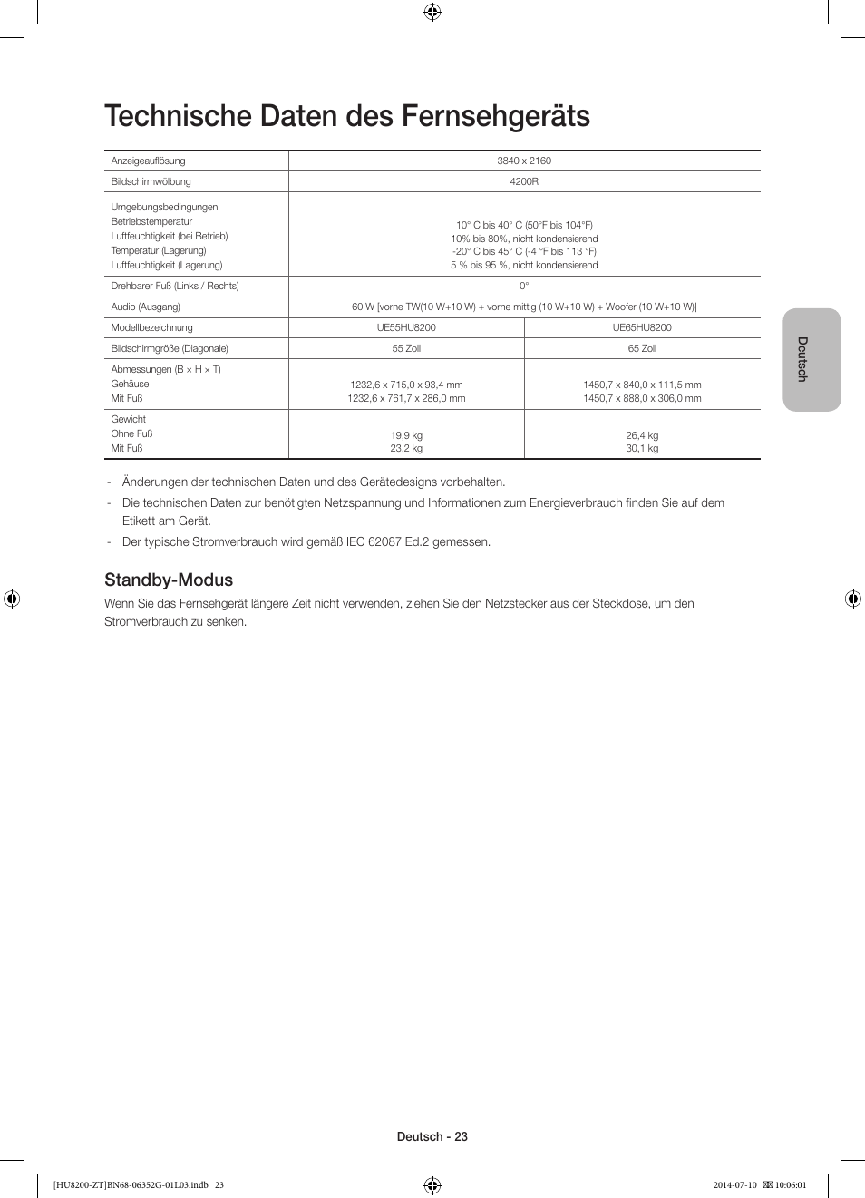 Technische daten des fernsehgeräts, Standby-modus | Samsung UE55HU8200Z User Manual | Page 71 / 73