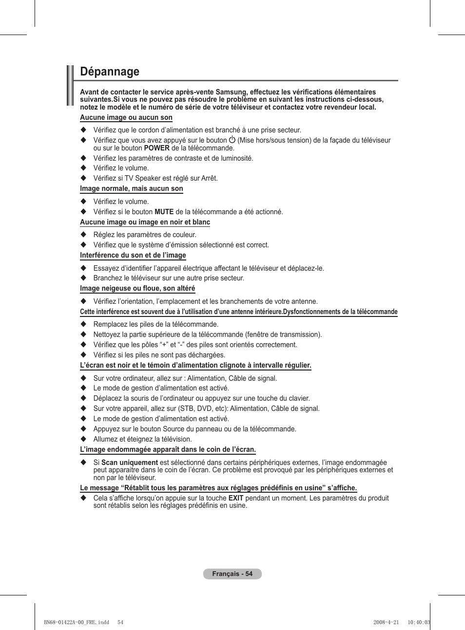 Dépannage | Samsung PS50A476P1D User Manual | Page 110 / 444