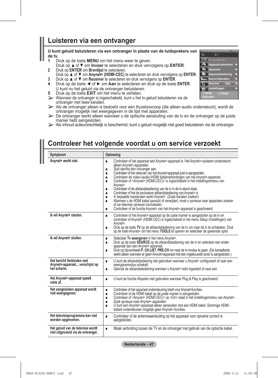 Luisteren via een ontvanger | Samsung PS50A476P1D User Manual | Page 213 / 444