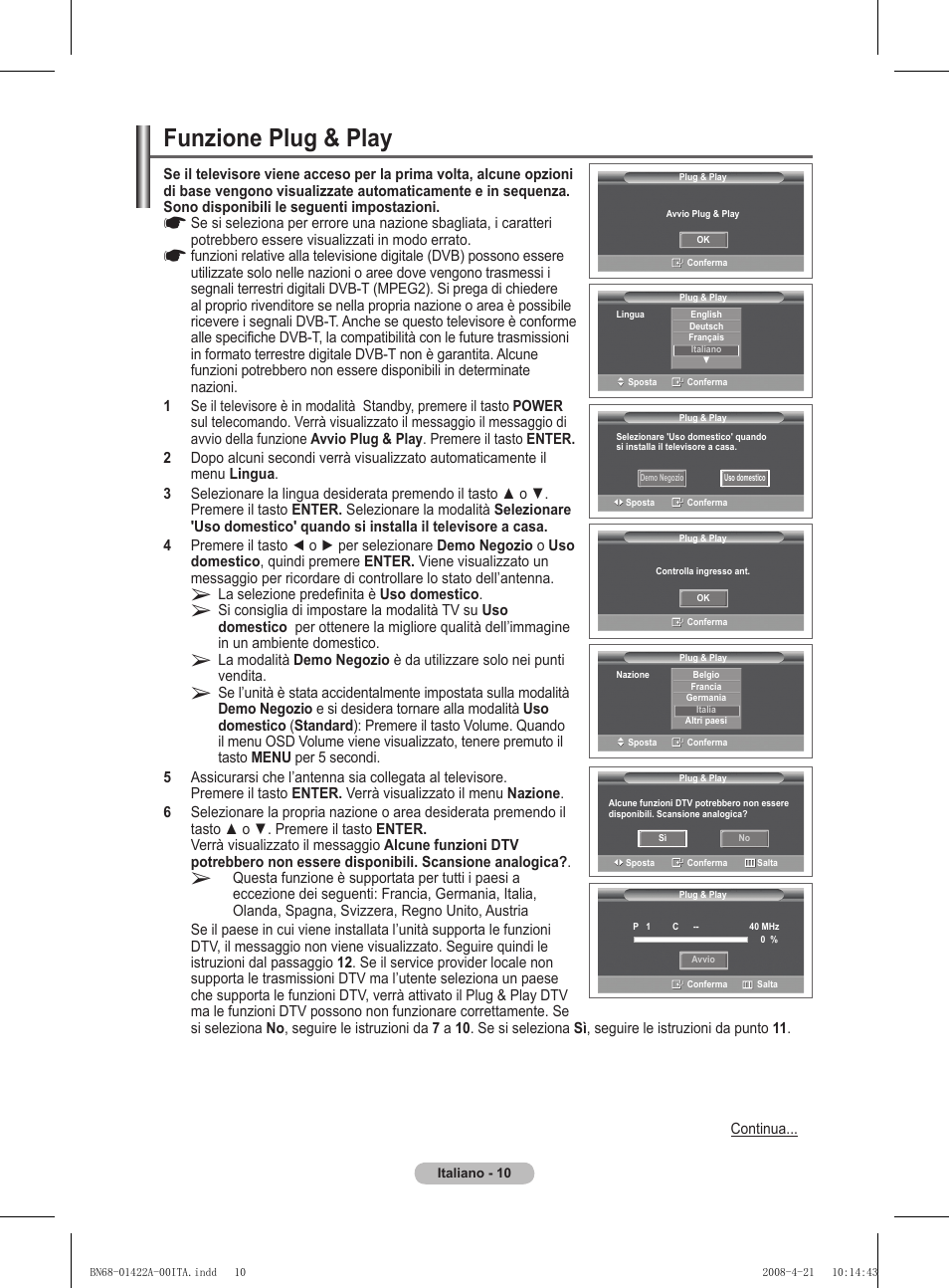 Funzione plug & play | Samsung PS50A476P1D User Manual | Page 231 / 444