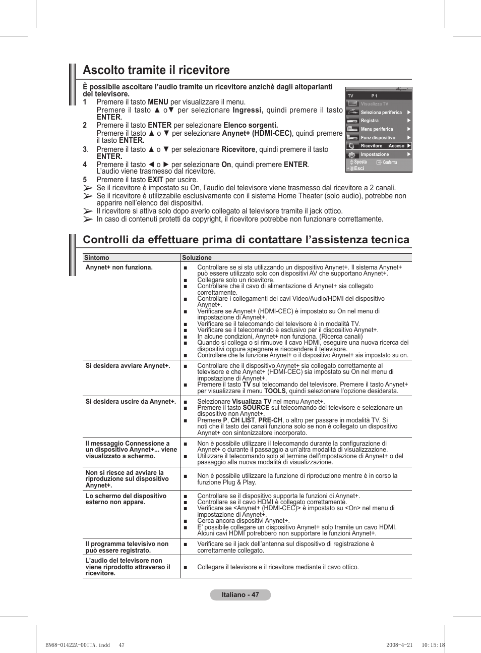 Ascolto tramite il ricevitore | Samsung PS50A476P1D User Manual | Page 268 / 444