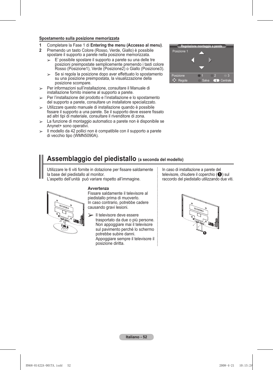 Assemblaggio del piedistallo | Samsung PS50A476P1D User Manual | Page 273 / 444