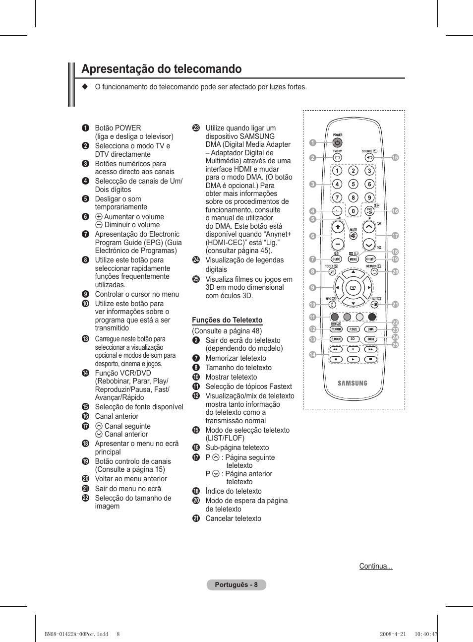 Apresentação do telecomando | Samsung PS50A476P1D User Manual | Page 341 / 444