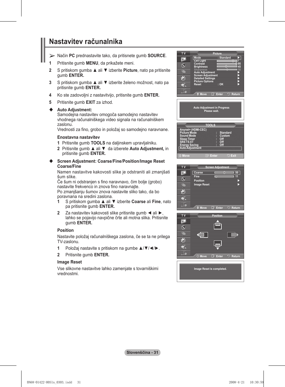 Nastavitev računalnika | Samsung PS50A476P1D User Manual | Page 419 / 444