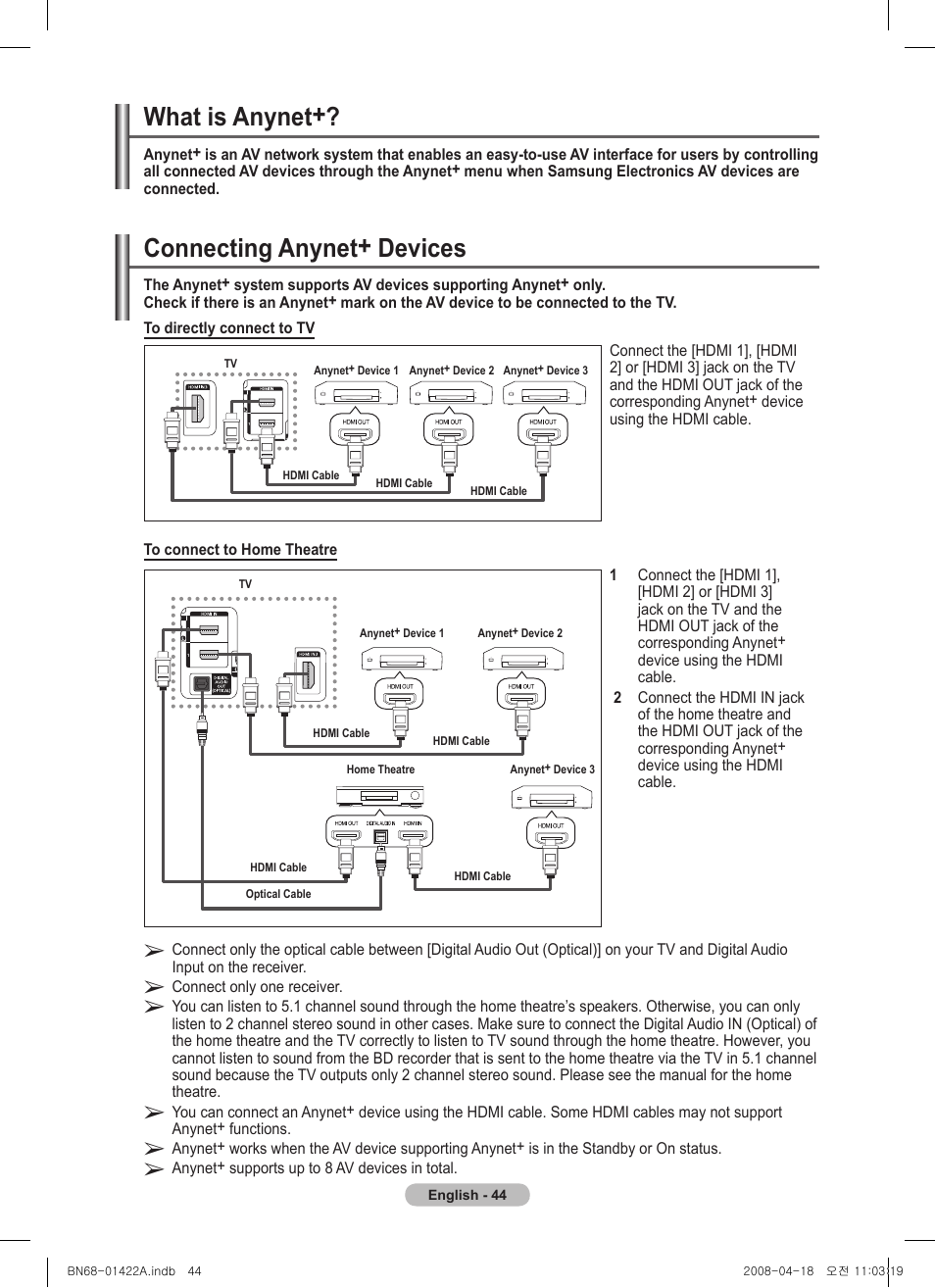 What is anynet, Connecting anynet+ devices | Samsung PS50A476P1D User Manual | Page 44 / 444