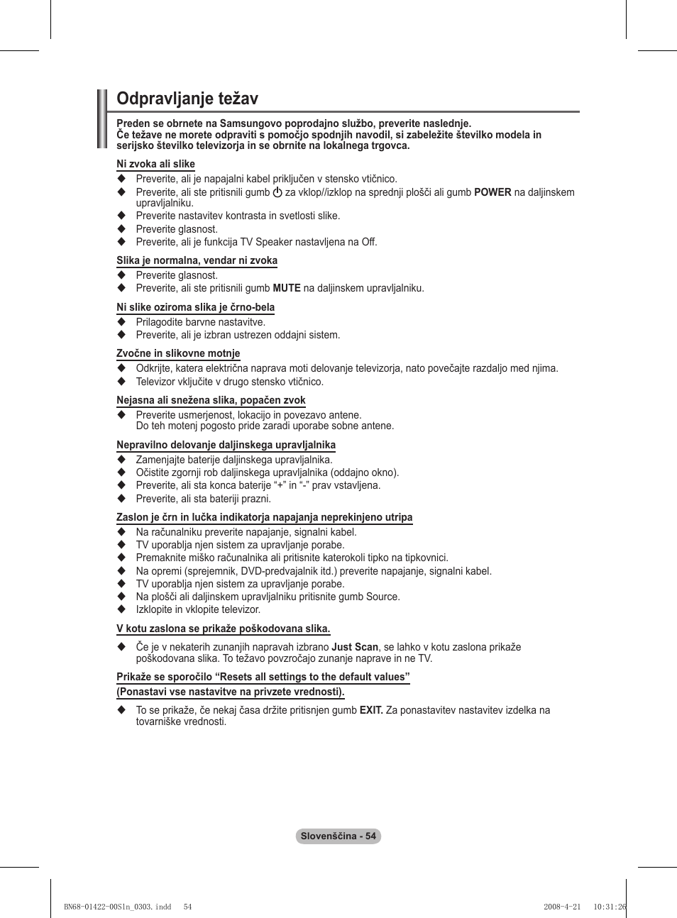 Odpravljanje težav | Samsung PS50A476P1D User Manual | Page 442 / 444