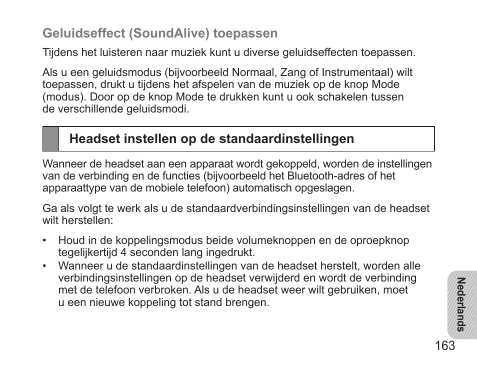 Headset instellen op de standaardinstellingen | Samsung BHS3000 User Manual | Page 165 / 173