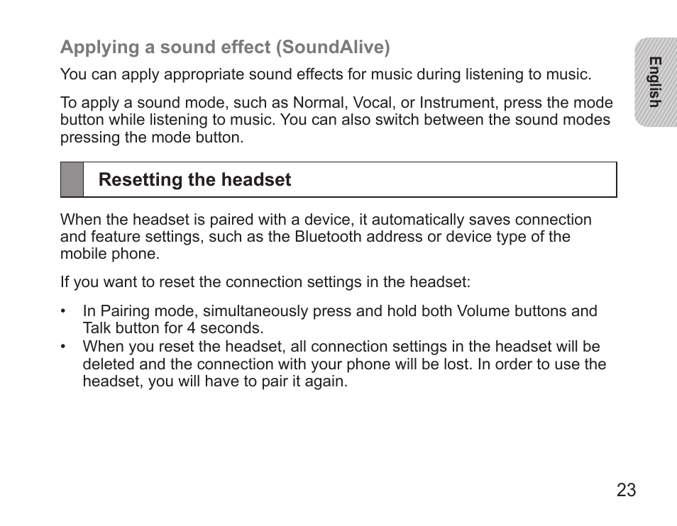 Resetting the headset | Samsung BHS3000 User Manual | Page 25 / 173