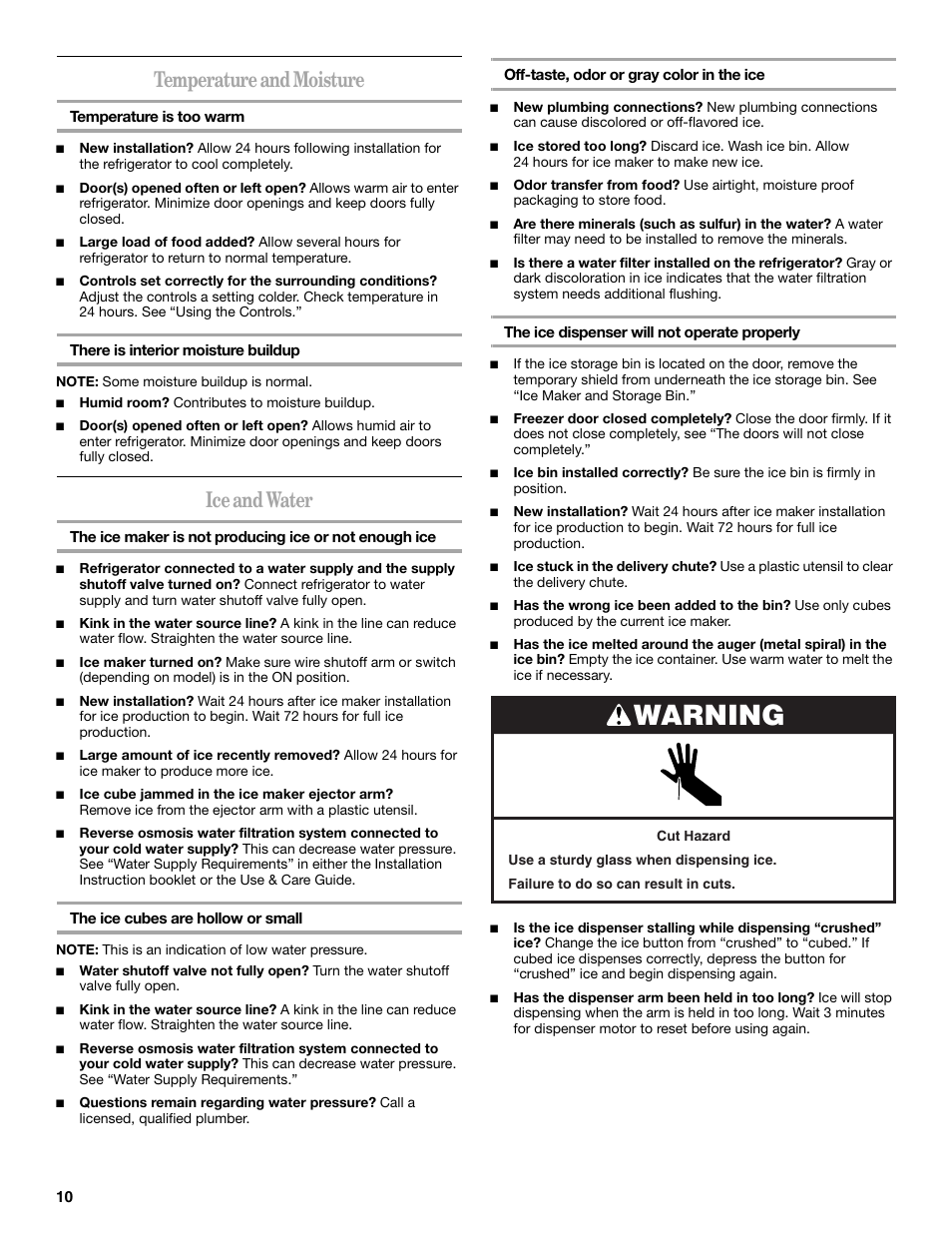 Warning, Temperature and moisture, Ice and water | Amana ASD2522VRW User Manual | Page 10 / 42