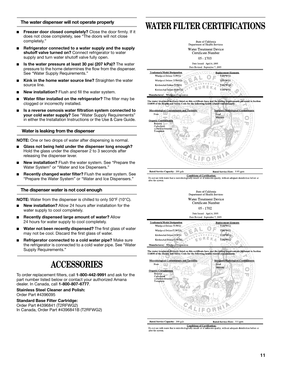 Accessories, Water filter certifications | Amana ASD2522VRW User Manual | Page 11 / 42