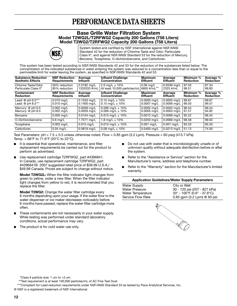 Performance data sheets, Base grille water filtration system | Amana ASD2522VRW User Manual | Page 12 / 42