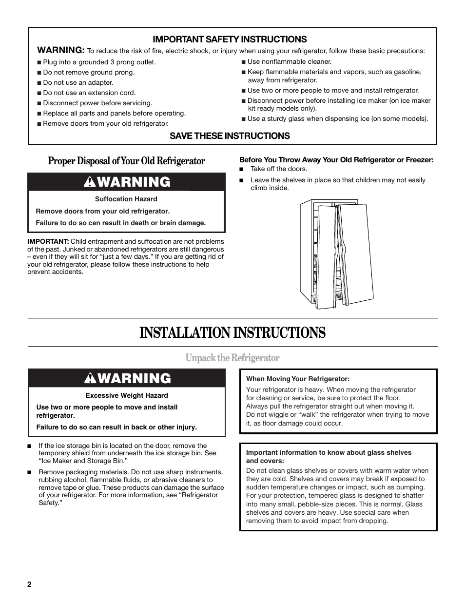 Installation instructions, Warning, Unpack the refrigerator | Proper disposal of your old refrigerator, Important safety instructions warning, Save these instructions | Amana ASD2522VRW User Manual | Page 2 / 42