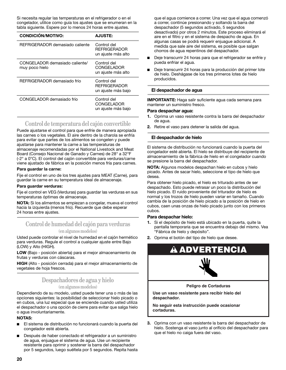 Advertencia, Control de temperatura del cajón convertible, Control de humedad del cajón para verduras | Despachadores de agua y hielo | Amana ASD2522VRW User Manual | Page 20 / 42