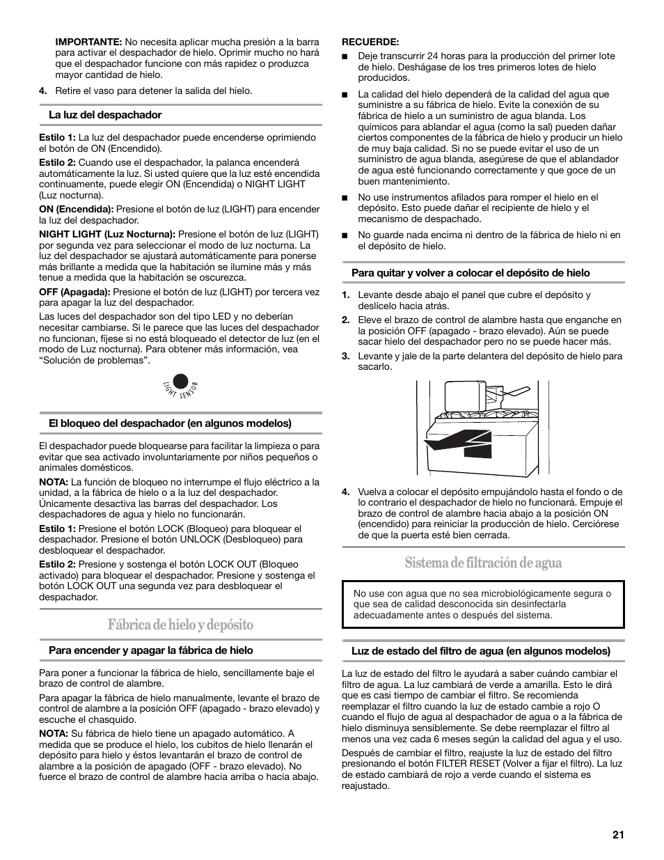 Fábrica de hielo y depósito, Sistema de filtración de agua | Amana ASD2522VRW User Manual | Page 21 / 42