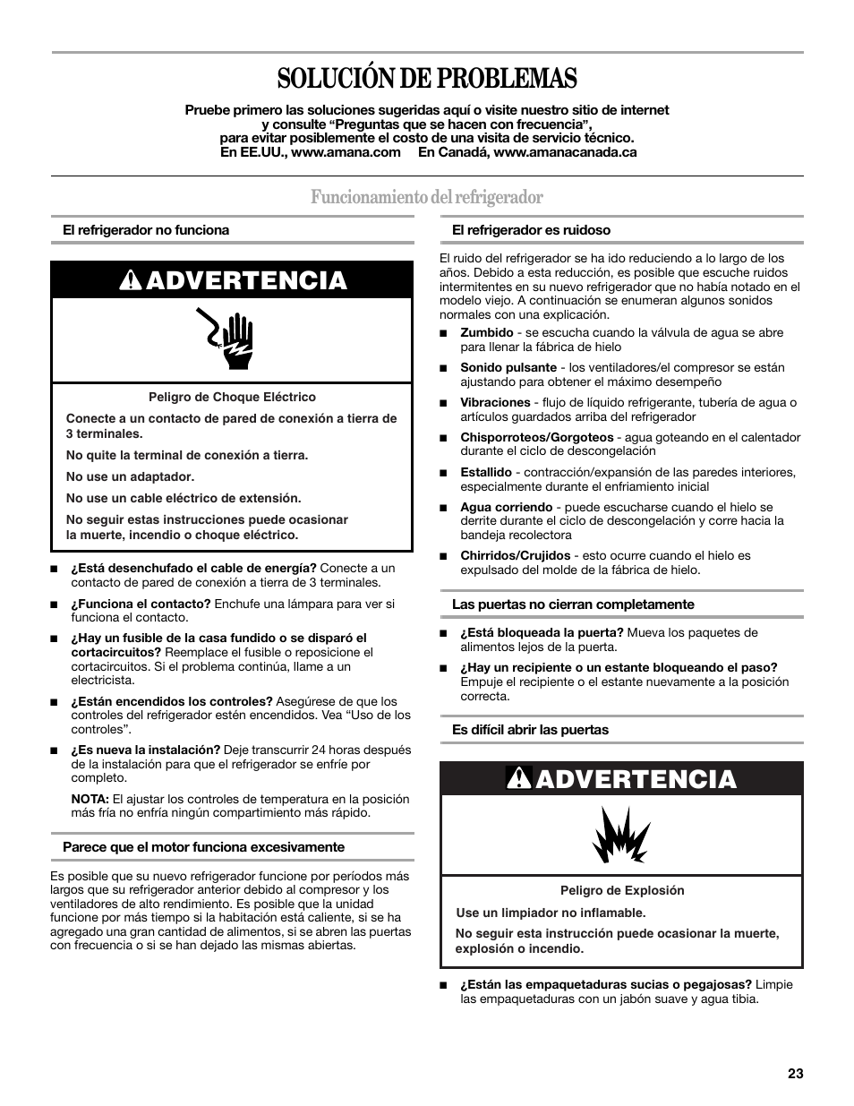 Solución de problemas, Advertencia, Funcionamiento del refrigerador | Amana ASD2522VRW User Manual | Page 23 / 42