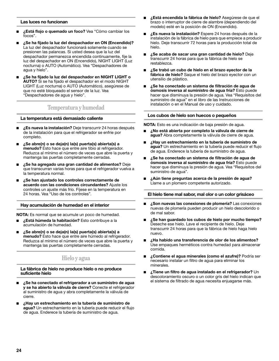 Temperatura y humedad, Hielo y agua | Amana ASD2522VRW User Manual | Page 24 / 42