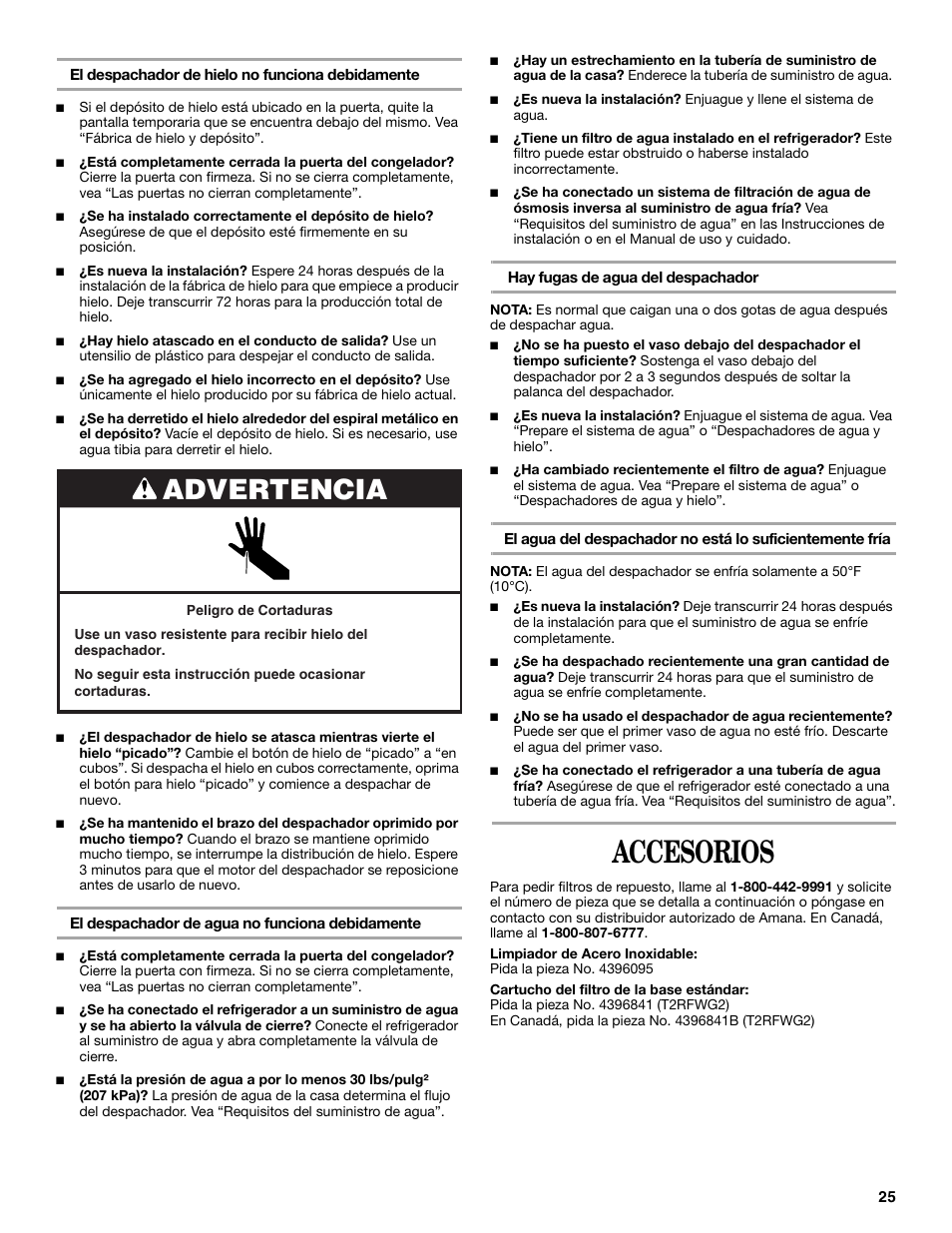 Accesorios, Advertencia | Amana ASD2522VRW User Manual | Page 25 / 42