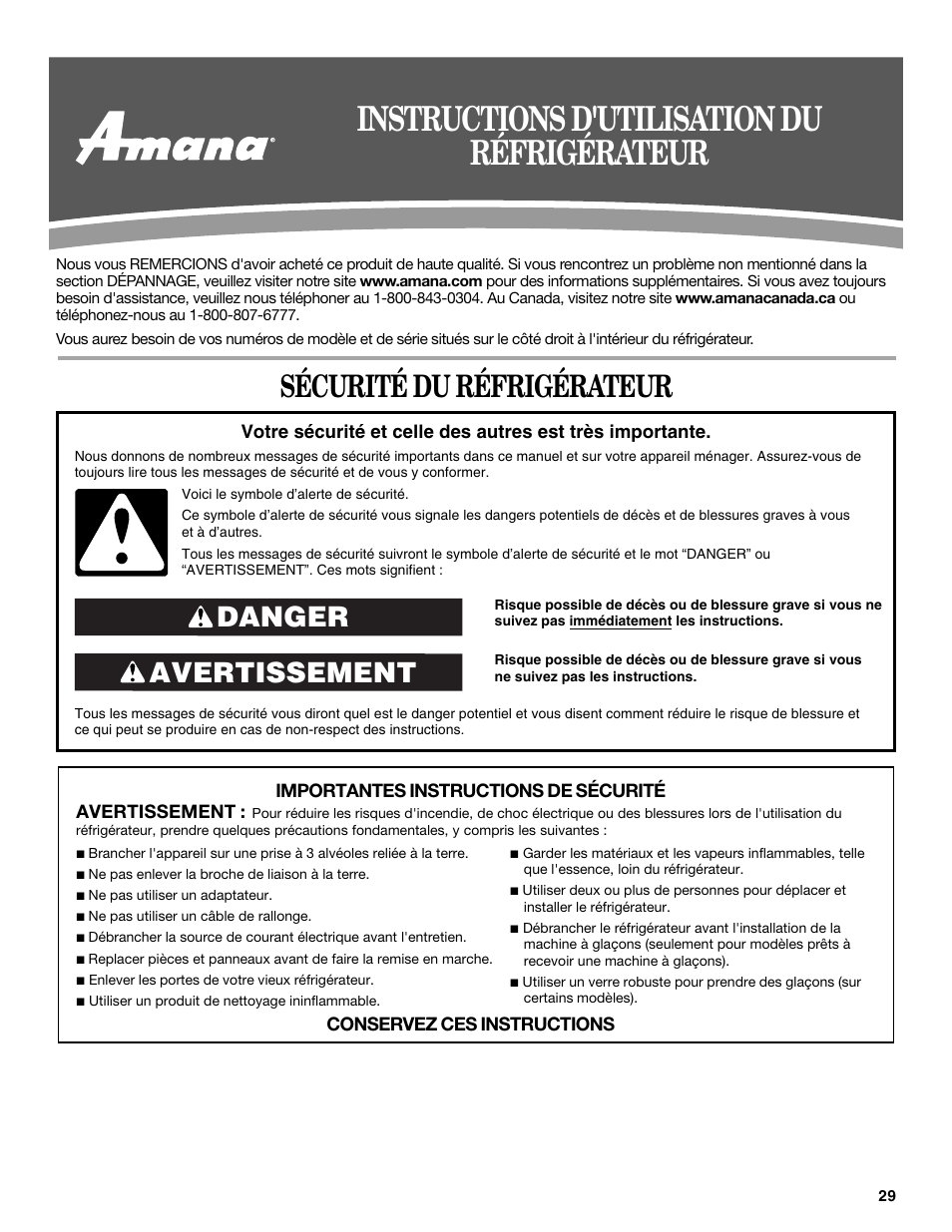 Instructions d'utilisation du réfrigérateur, Sécurité du réfrigérateur, Avertissement danger | Amana ASD2522VRW User Manual | Page 29 / 42