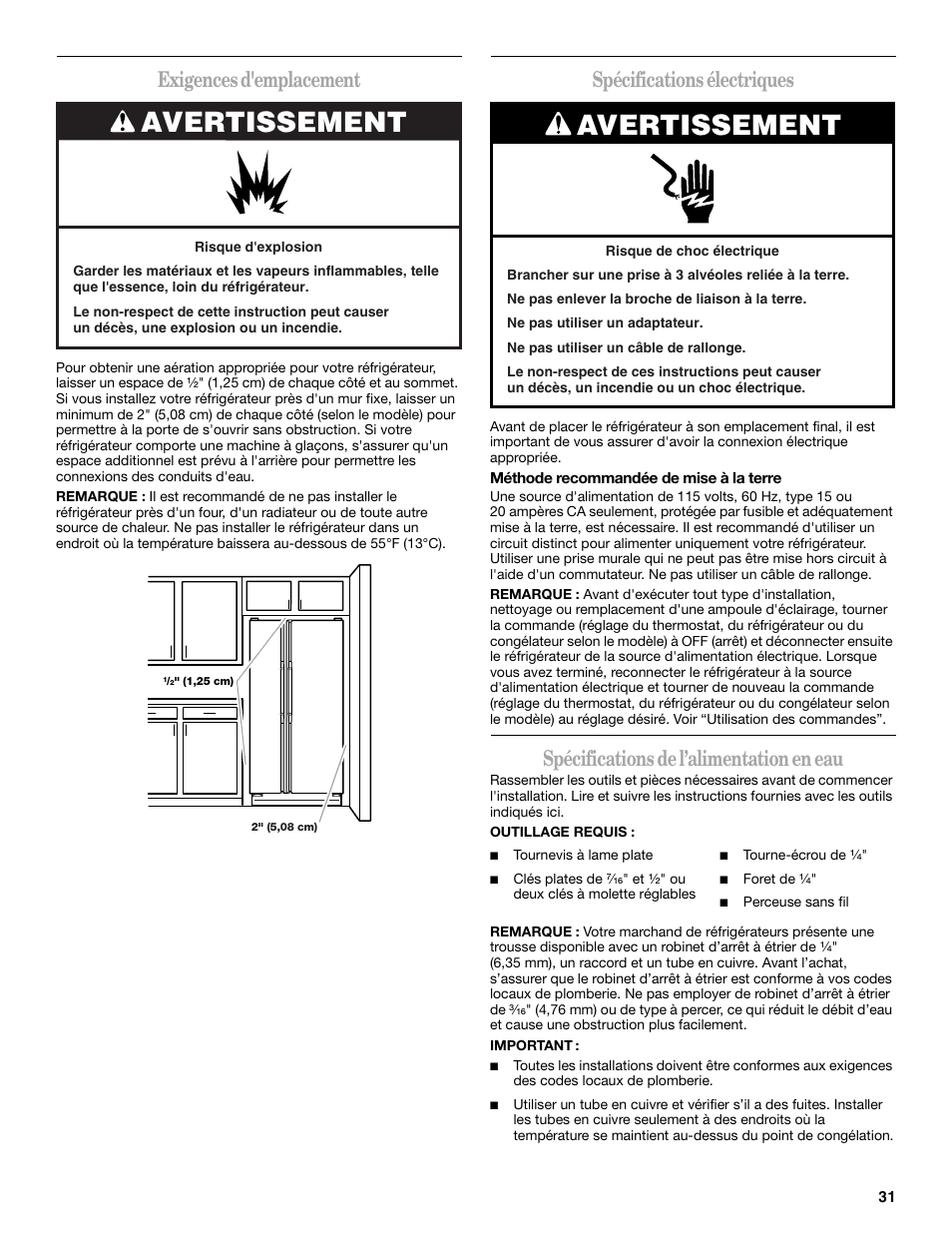 Avertissement, Exigences d'emplacement, Spécifications électriques | Spécifications de l’alimentation en eau | Amana ASD2522VRW User Manual | Page 31 / 42