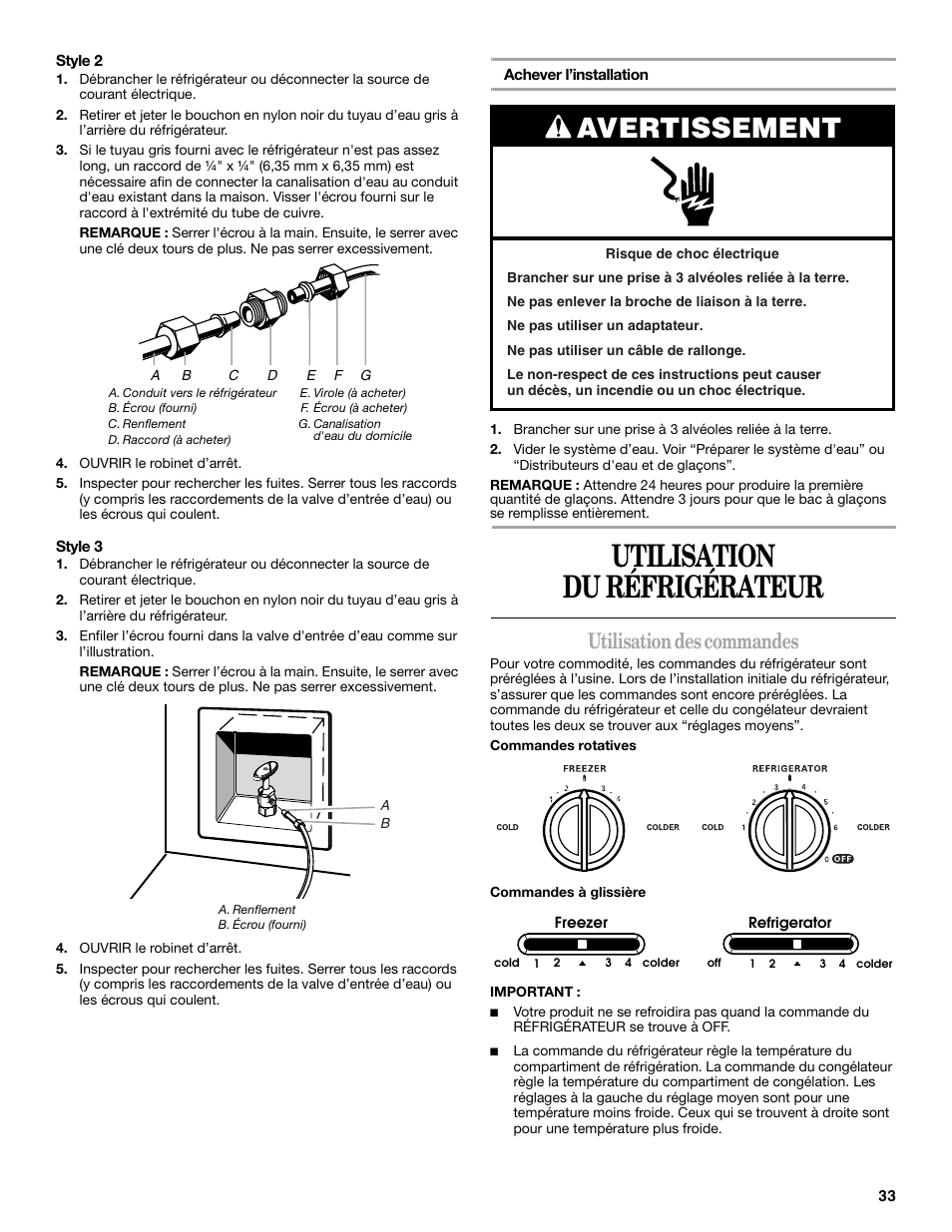 Utilisation du réfrigérateur, Avertissement, Utilisation des commandes | Amana ASD2522VRW User Manual | Page 33 / 42