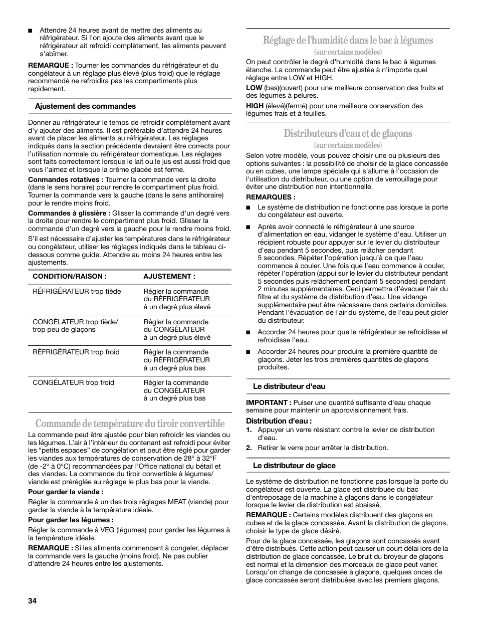 Commande de température du tiroir convertible, Réglage de l'humidité dans le bac à légumes, Distributeurs d'eau et de glaçons | Amana ASD2522VRW User Manual | Page 34 / 42