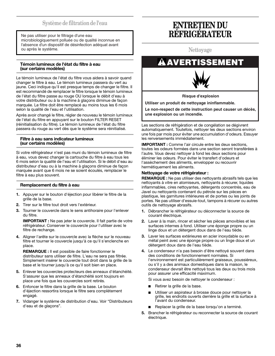 Entretien du réfrigérateur, Avertissement, Système de filtration de l'eau | Nettoyage | Amana ASD2522VRW User Manual | Page 36 / 42