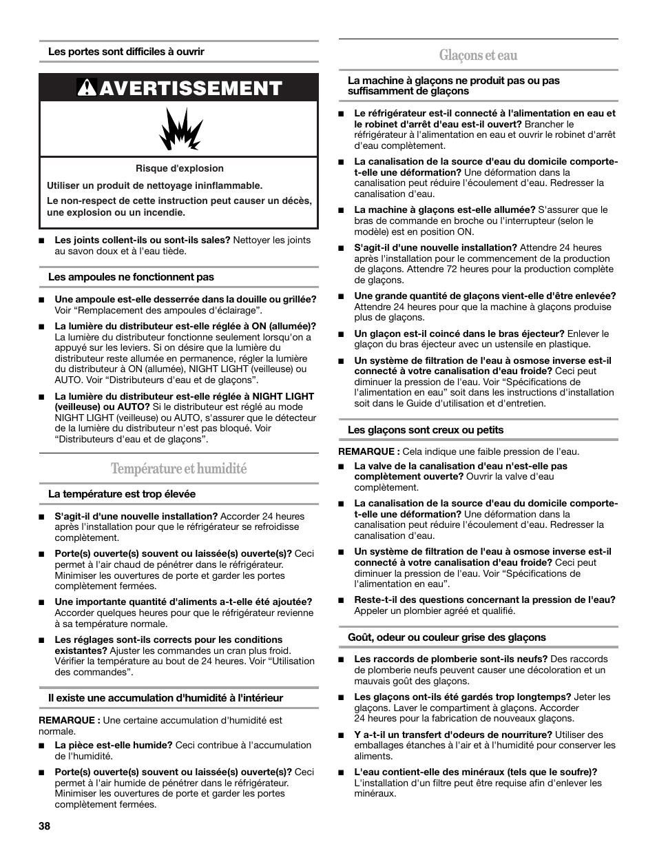 Avertissement, Température et humidité, Glaçons et eau | Amana ASD2522VRW User Manual | Page 38 / 42