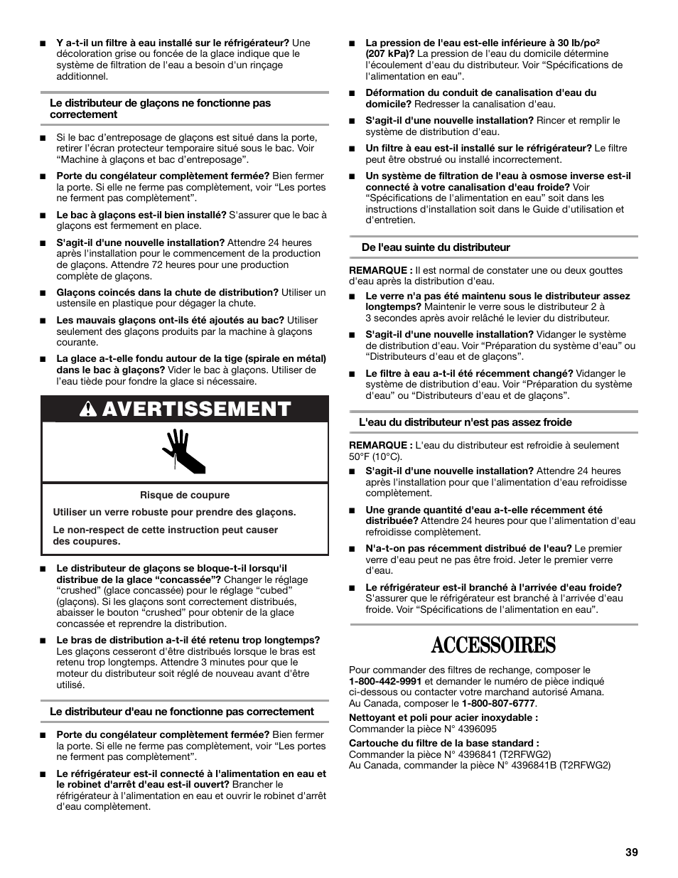 Accessoires, Avertissement | Amana ASD2522VRW User Manual | Page 39 / 42