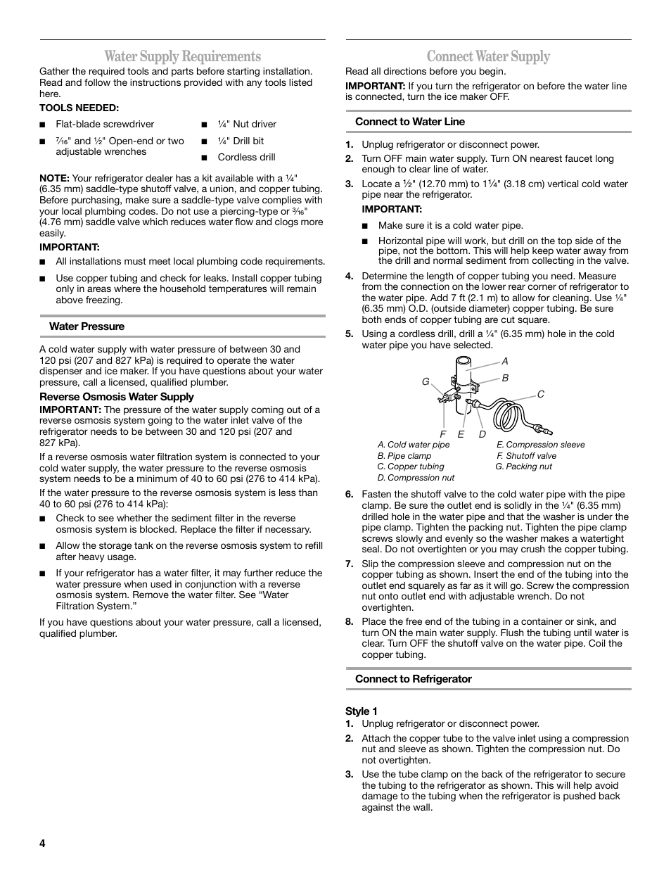 Water supply requirements, Connect water supply | Amana ASD2522VRW User Manual | Page 4 / 42