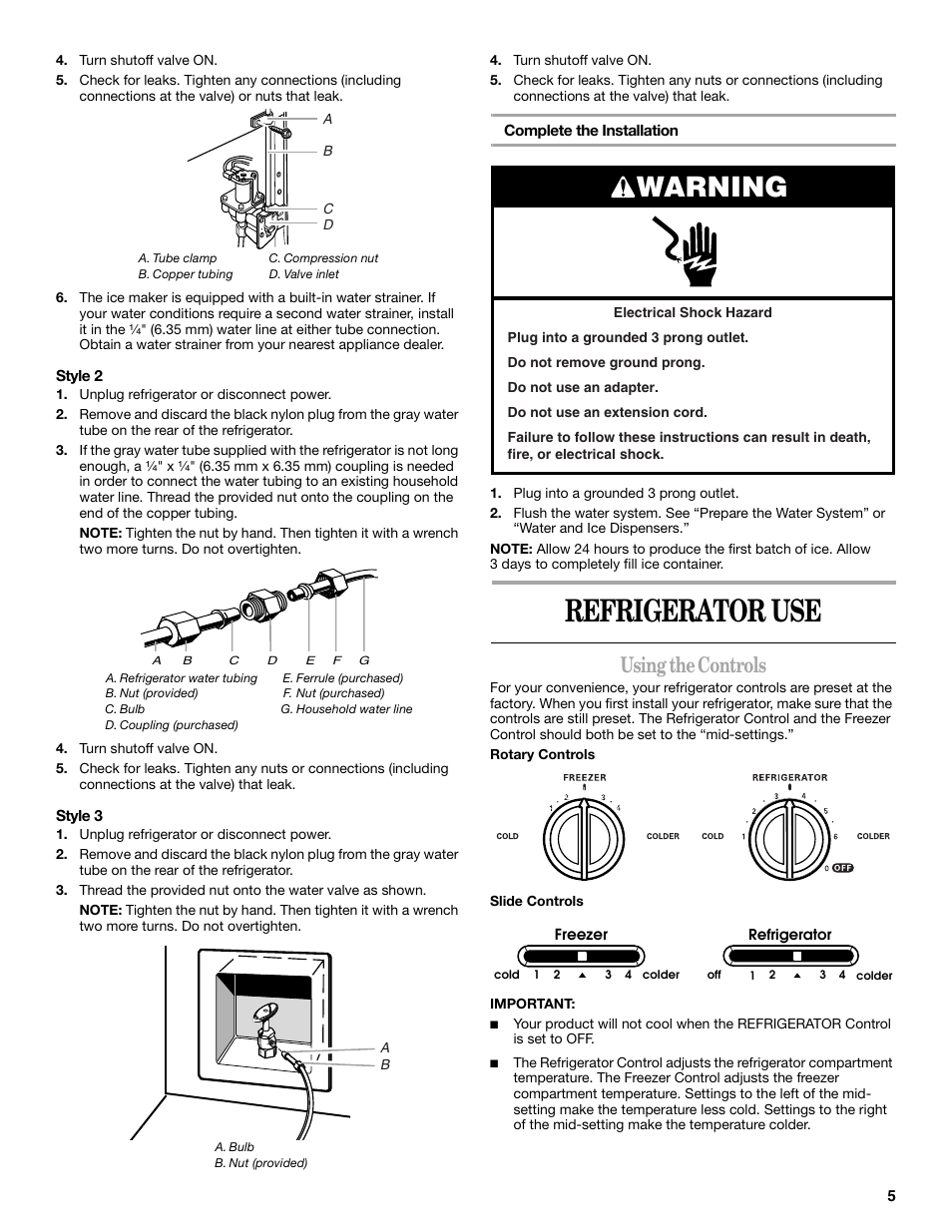 Refrigerator use, Warning, Using the controls | Amana ASD2522VRW User Manual | Page 5 / 42