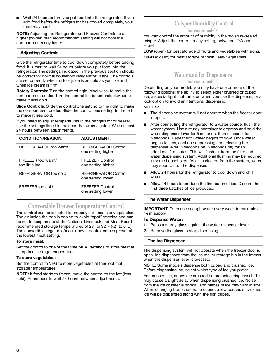 Convertible drawer temperature control, Crisper humidity control, Water and ice dispensers | Amana ASD2522VRW User Manual | Page 6 / 42