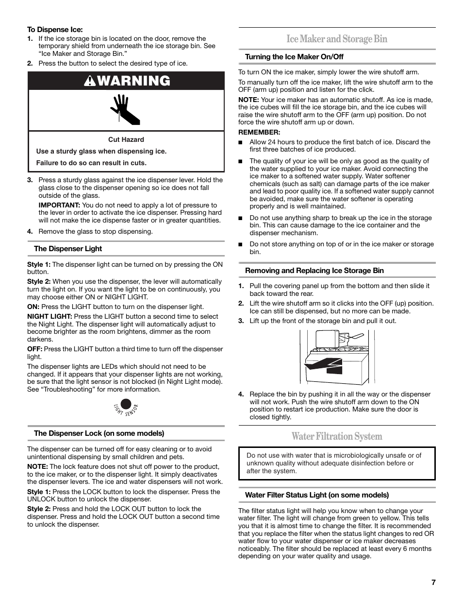 Warning, Ice maker and storage bin, Water filtration system | Amana ASD2522VRW User Manual | Page 7 / 42