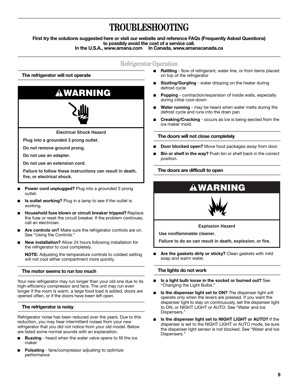 Troubleshooting, Warning, Refrigerator operation | Amana ASD2522VRW User Manual | Page 9 / 42