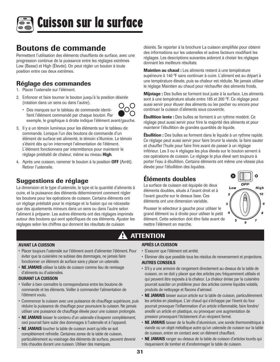 Cuisson sur la surface, Boutons de commande, Réglage des commandes | Suggestions de réglage, Attention, Éléments doubles | Amana 8113P487-60 User Manual | Page 32 / 80