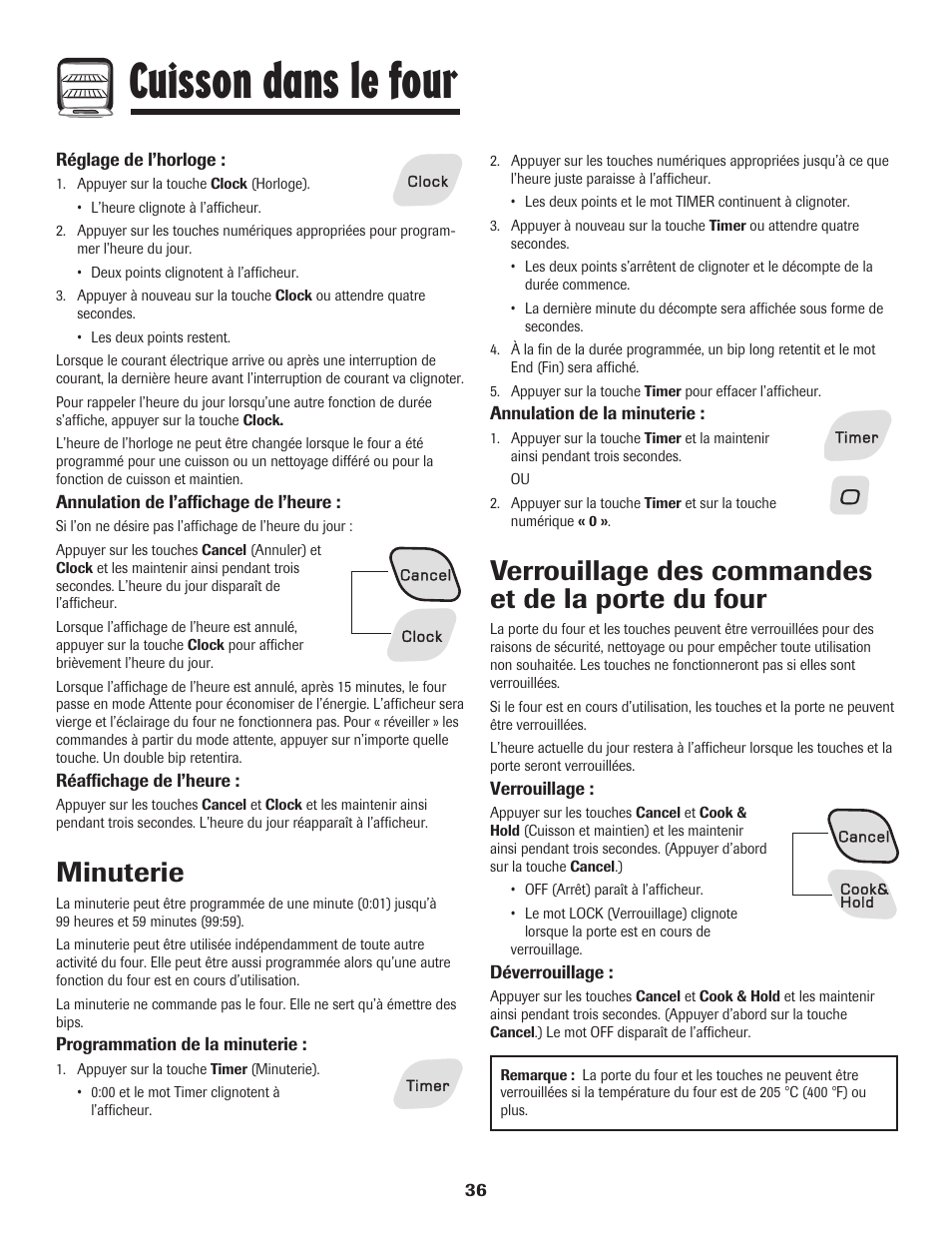 Cuisson dans le four, Minuterie, Verrouillage des commandes et de la porte du four | Amana 8113P487-60 User Manual | Page 37 / 80